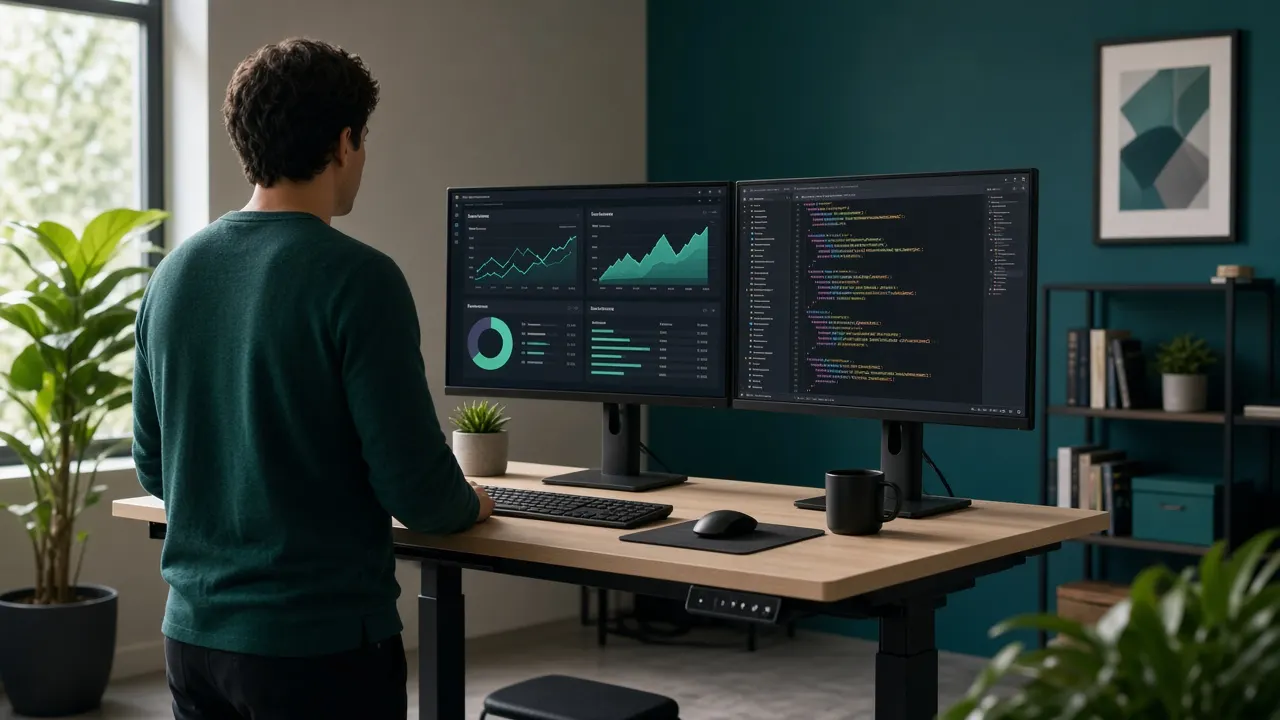 Developer monitoring site performance on two screens